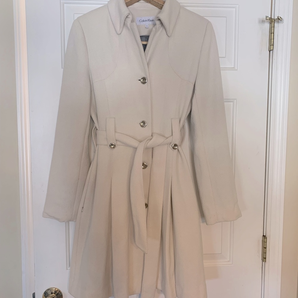 Calvin Klein Creme color belted coat, size 8.